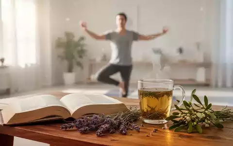 Eine Tasse Kräutertee mit Heilpflanzen auf einem Holztisch, im Hintergrund eine Person bei Qigong-Übungen. - Foto: über boerse-global.de