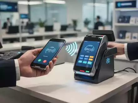 Nahaufnahme eines Smartphones bei der kontaktlosen Zahlung an einem modernen Kassenterminal. - Foto: über boerse-global.de