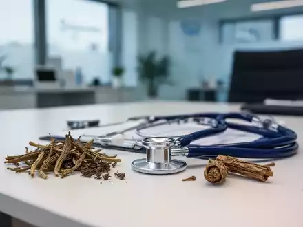 Ein moderner Schreibtisch mit medizinischen Instrumenten und TCM-Kräutern in einer professionellen Praxisumgebung. - Foto: über boerse-global.de