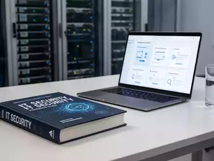 Ein Fachbuch über IT-Sicherheit und ein Laptop auf einem modernen Schreibtisch in einem professionellen Büroumfeld. - Foto: über boerse-global.de