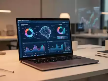 Moderner Arbeitsplatz mit Laptop, auf dem Finanzsoftware-Datenvisualisierungen und KI-Schnittstellen zu sehen sind. - Foto: über boerse-global.de