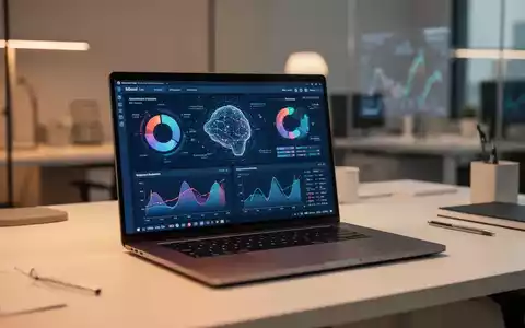 Moderner Arbeitsplatz mit Laptop, auf dem Finanzsoftware-Datenvisualisierungen und KI-Schnittstellen zu sehen sind. - Foto: über boerse-global.de