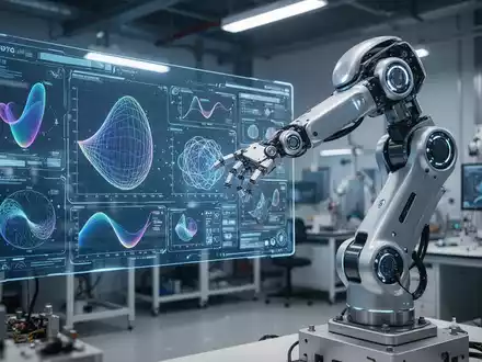 Ein humanoider Roboterarm interagiert mit einer digitalen Schnittstelle in einem Hightech-Roboterlabor. - Foto: über boerse-global.de