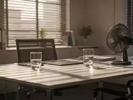 Modernes Büro bei hohen Temperaturen mit Jalousien, einem Ventilator und einem Glas Wasser auf dem Schreibtisch. - Foto: über boerse-global.de