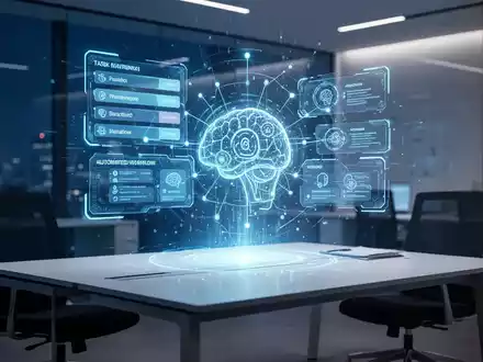 Moderner Büroschreibtisch mit digitalem holografischem Interface für KI-gesteuertes Aufgabenmanagement und Workflow-Automatisierung. - Foto: über boerse-global.de