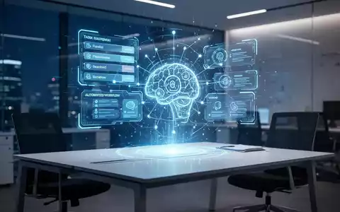 Moderner Büroschreibtisch mit digitalem holografischem Interface für KI-gesteuertes Aufgabenmanagement und Workflow-Automatisierung. - Foto: über boerse-global.de