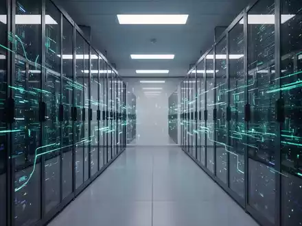 Moderner Serverraum mit leuchtenden Datenströmen, die Cybersicherheit und unternehmenseigene KI-Infrastruktur darstellen. - Foto: über boerse-global.de
