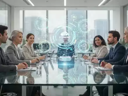 Ein Team von Fachleuten arbeitet an einem Tisch, über dem komplexe Daten zur Kreislaufwirtschaft digital visualisiert sind. - Foto: über boerse-global.de