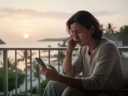 Eine erschöpft wirkende Person sitzt nachdenklich auf einem Balkon während eines Urlaubs. - Foto: über boerse-global.de