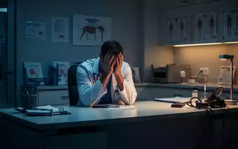 Ein erschöpfter Tierarzt sitzt in einer modernen Praxis am Schreibtisch und stützt den Kopf in die Hände. - Foto: über boerse-global.de