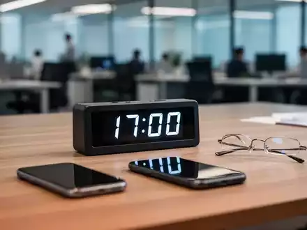 Ein Schreibtisch mit einer Digitaluhr, die 17:00 Uhr anzeigt, symbolisiert das Ende des Arbeitstages. - Foto: über boerse-global.de