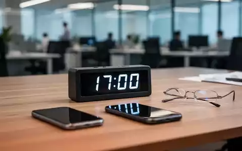Ein Schreibtisch mit einer Digitaluhr, die 17:00 Uhr anzeigt, symbolisiert das Ende des Arbeitstages. - Foto: über boerse-global.de