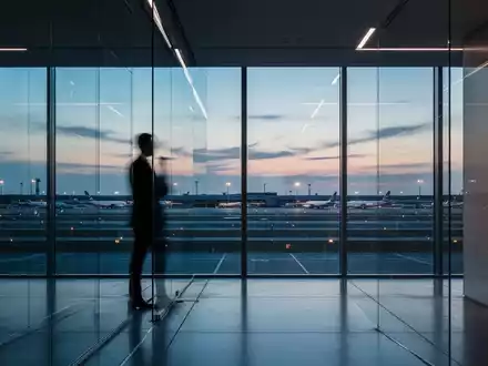 Ein moderner, minimalistischer Büroarbeitsplatz mit Blick auf ein Flughafenvorfeld bei Dämmerung. - Foto: über boerse-global.de
