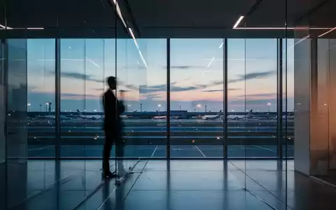Ein moderner, minimalistischer Büroarbeitsplatz mit Blick auf ein Flughafenvorfeld bei Dämmerung. - Foto: über boerse-global.de