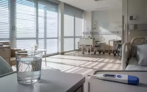 Ein lichtdurchflutetes Seniorenzimmer mit geschlossenen Jalousien zum Hitzeschutz, ein Glas Wasser und ein Thermometer. - Foto: über boerse-global.de