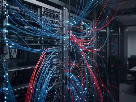 Hightech-Serverraum mit leuchtenden Datenkabeln, die internationalen KI-Wettbewerb und Technologiesanktionen darstellen. - Foto: über boerse-global.de
