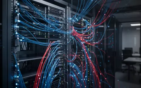 Hightech-Serverraum mit leuchtenden Datenkabeln, die internationalen KI-Wettbewerb und Technologiesanktionen darstellen. - Foto: über boerse-global.de