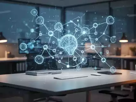 Ein minimalistischer Arbeitsplatz mit einer holografischen Benutzeroberfläche, die vernetzte KI-Prozesse visualisiert. - Foto: über boerse-global.de