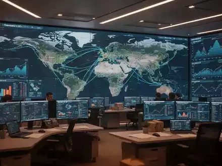 Ein modernes Kontrollzentrum mit digitalen Weltkarten und Datenvisualisierungen zur Überwachung globaler Lieferketten. - Foto: über boerse-global.de
