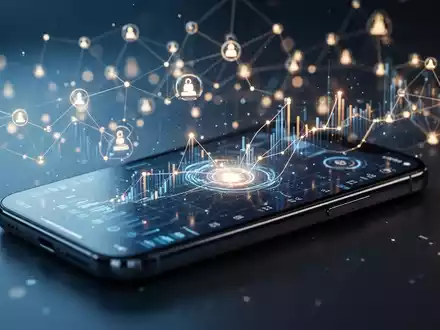 Digitales Finanzinterface mit abstrakten Blockchain-Netzwerken und leuchtenden Verbindungsknoten auf einem Smartphone. - Foto: über boerse-global.de