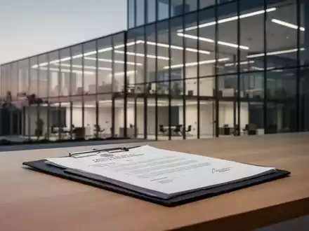 Ein juristischer Aktenordner auf einem Schreibtisch vor einem modernen Bürogebäude bei Dämmerung. - Foto: über boerse-global.de
