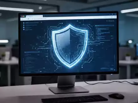 Ein moderner Computerarbeitsplatz mit einem digitalen Schutzschild-Symbol auf einem Browser-Interface. - Foto: über boerse-global.de