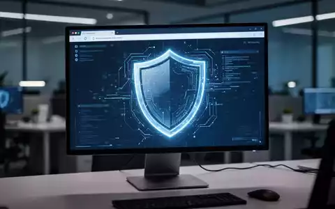 Ein moderner Computerarbeitsplatz mit einem digitalen Schutzschild-Symbol auf einem Browser-Interface. - Foto: über boerse-global.de