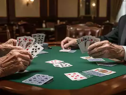 Senioren spielen konzentriert Bridge an einem Spieltisch in einem eleganten Clubraum. - Foto: über boerse-global.de