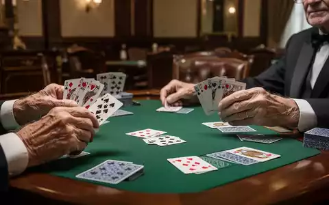 Senioren spielen konzentriert Bridge an einem Spieltisch in einem eleganten Clubraum. - Foto: über boerse-global.de