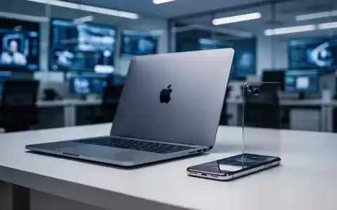Ein Apple MacBook und ein iPhone auf einem modernen Schreibtisch in einer professionellen Büroumgebung. - Foto: über boerse-global.de