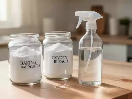 Natron, Sauerstoffbleiche und eine Sprühflasche auf einer hellen Küchenarbeitsplatte als Symbole für nachhaltige Reinigung. - Foto: über boerse-global.de