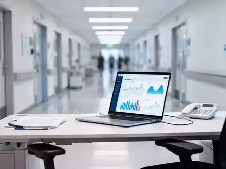 Moderner Büroarbeitsplatz mit Laptop und medizinischem Hintergrund als Symbol für betriebliche Gesundheitsförderung. - Foto: über boerse-global.de