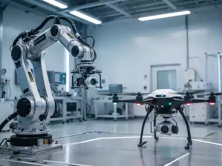 Ein hochmoderner Roboterarm und eine autonome Drohne in einer industriellen Testumgebung. - Foto: über boerse-global.de