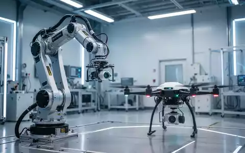 Ein hochmoderner Roboterarm und eine autonome Drohne in einer industriellen Testumgebung. - Foto: über boerse-global.de