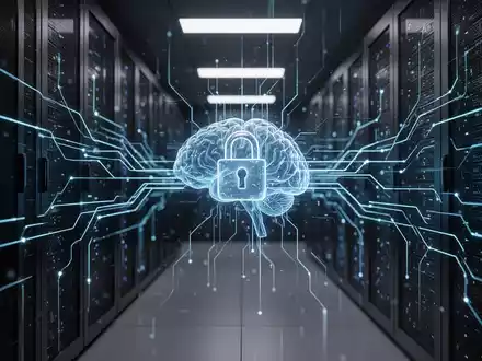 Abstraktes digitales Serverraum-Szenario mit leuchtenden Datenströmen als Symbol für KI-Sicherheit und Überwachung. - Foto: über boerse-global.de