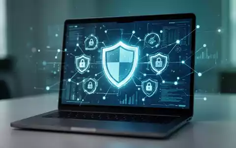 Moderner Laptop-Bildschirm mit digitalem Sicherheitsinterface, abstrakten Schildsymbolen und Datenknoten. - Foto: über boerse-global.de