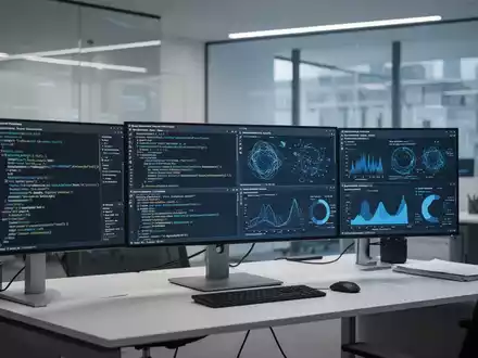 Moderner, minimalistischer Büroarbeitsplatz mit Computermonitoren, die Datenvisualisierungen und Softwarecode anzeigen. - Foto: über boerse-global.de