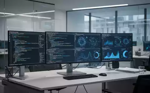 Moderner, minimalistischer Büroarbeitsplatz mit Computermonitoren, die Datenvisualisierungen und Softwarecode anzeigen. - Foto: über boerse-global.de