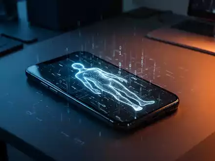 Ein Smartphone auf einem Schreibtisch zeigt die digitale Silhouette einer Person, symbolisch fĂŒr KI-gestĂŒtzte Betrugsmaschen. - Foto: ĂŒber boerse-global.de