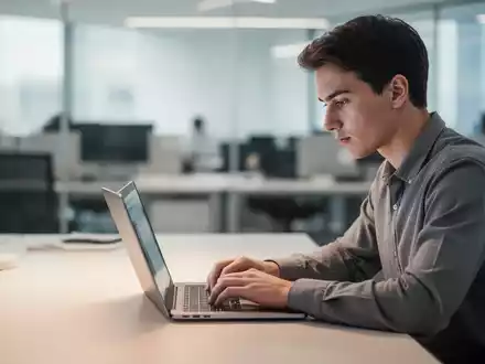 Schüler bei der Arbeit an einem Laptop in einem hellen, professionellen Umfeld. - Foto: über boerse-global.de