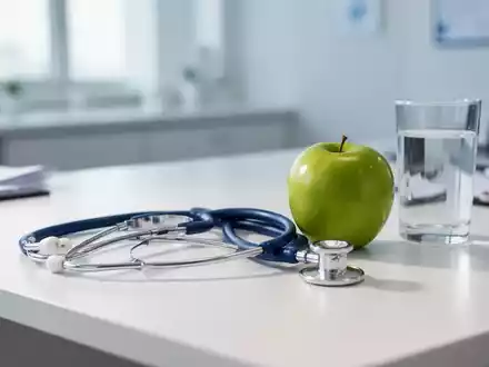 Ein Stethoskop, ein frischer Apfel und ein Glas Wasser auf einem ärztlichen Schreibtisch als Symbol für gesunde Ernährung. - Foto: über boerse-global.de