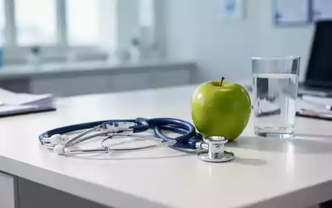 Ein Stethoskop, ein frischer Apfel und ein Glas Wasser auf einem ärztlichen Schreibtisch als Symbol für gesunde Ernährung. - Foto: über boerse-global.de
