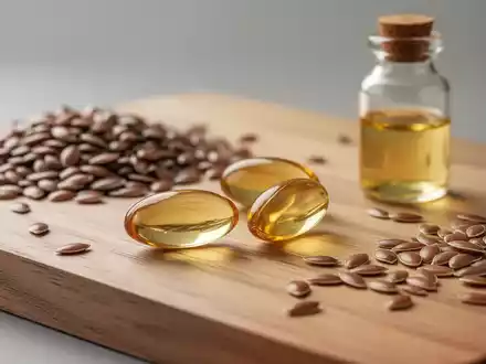 Omega-3-6-9-Kapseln mit Leinsamen und Fischöl auf einem Holztisch, beleuchtet in hellem, natürlichem Licht. - Foto: über boerse-global.de