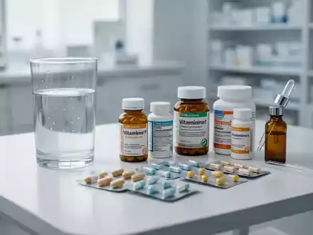 Verschiedene Vitamin-B12-Präparate, darunter Tropfen und Tabletten, stehen neben einem Glas Wasser auf einem Labortisch. - Foto: über boerse-global.de