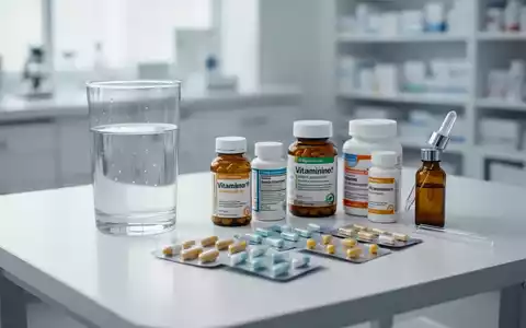Verschiedene Vitamin-B12-Präparate, darunter Tropfen und Tabletten, stehen neben einem Glas Wasser auf einem Labortisch. - Foto: über boerse-global.de