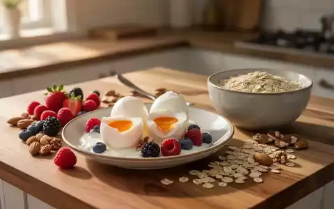 Ein gesundes Frühstück mit Eiern, Nüssen und Haferflocken auf einem Holztisch bei natürlichem Morgenlicht. - Foto: über boerse-global.de