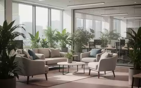 Ein moderner, heller Büroarbeitsplatz mit einer ruhigen Lounge-Ecke und Pflanzen, der eine Atmosphäre der Entspannung vermittelt. - Foto: über boerse-global.de