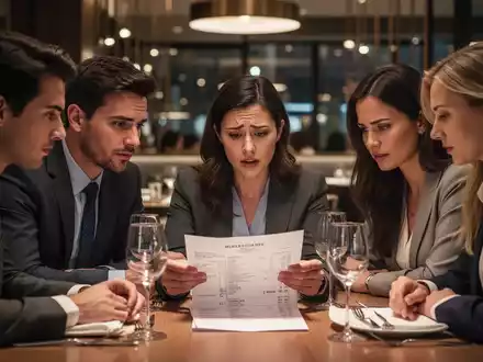 Eine Gruppe von Freunden sitzt an einem Restauranttisch und wirkt angesichts der Rechnung nachdenklich. - Foto: über boerse-global.de