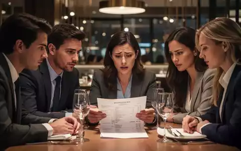 Eine Gruppe von Freunden sitzt an einem Restauranttisch und wirkt angesichts der Rechnung nachdenklich. - Foto: über boerse-global.de