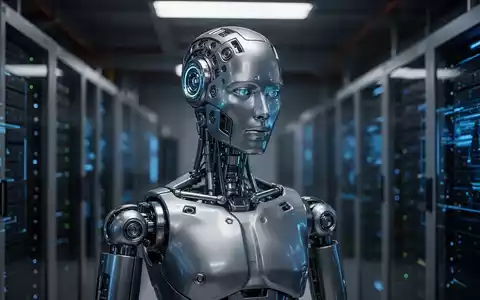 Schlanker humanoider Roboter in einem Hightech-Labor mit weicher blauer Beleuchtung und unscharfen Servergeräten. - Foto: über boerse-global.de
